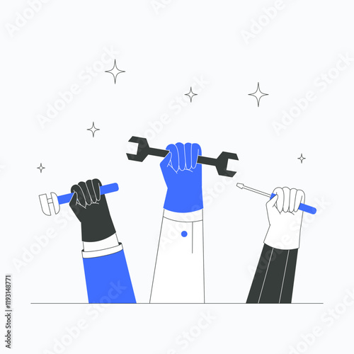 Hands holding tools in flat vector illustration symbolizing teamwork, technical skills, and craftsmanship, isolated on white background.