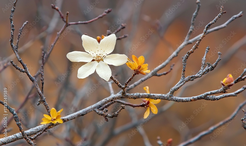 White flower blooms on bare branches in autumn, nature background, for websites or prints