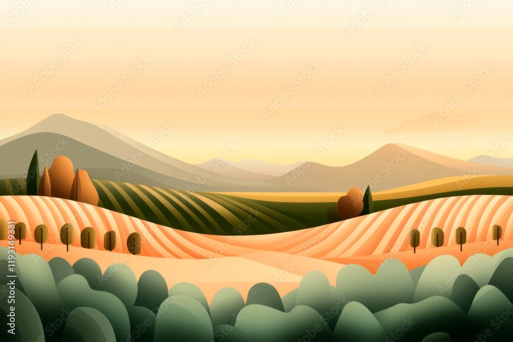 Obraz premium A flat geometric design of rows of grapevines in a vineyard, with a soft gradient sky and simple shapes