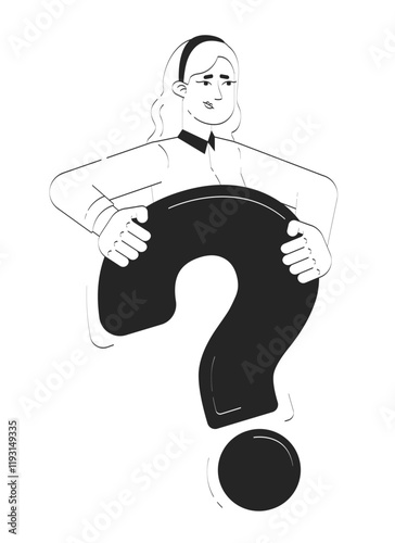 Doubted caucasian woman holding question mark doodle linear character. Woman office worker needing answers and support 2D vector outline person isolated. Hand drawn drawing illustration monochrome