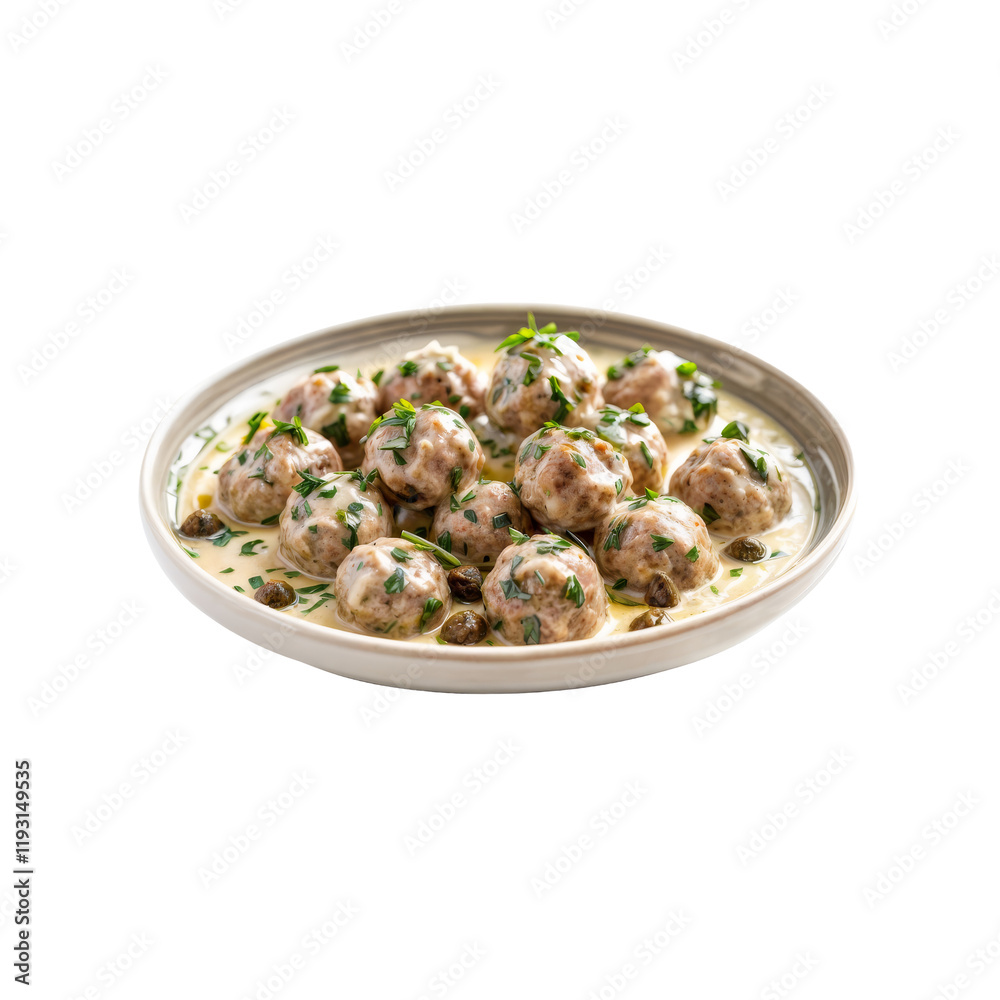 Meatballs in Creamy Sauce: A mouthwatering close-up shot showcasing a generous serving of perfectly cooked meatballs, elegantly presented in a rich, creamy sauce and garnished with fresh parsley. Meatballs in Creamy Sauce: A mouthwatering close-up shot showcasing a generous serving of perfectly cooked meatballs, elegantly presented in a rich, creamy sauce and garnished with fresh parsley.