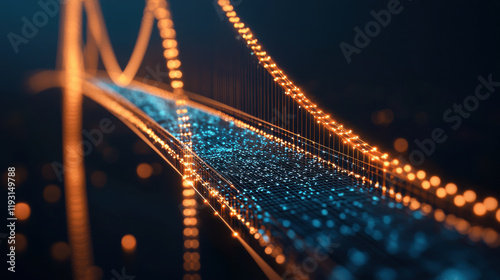 vibrant digital representation of bridge illuminated with glowing lights, showcasing innovation and technology. intricate patterns of blue and orange create mesmerizing visual effect