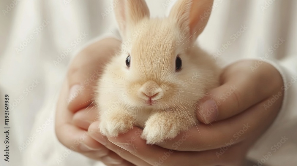 Small, light brown bunny rabbit gently cradled in a child's hands. Small, light brown bunny rabbit gently cradled in a child's hands.