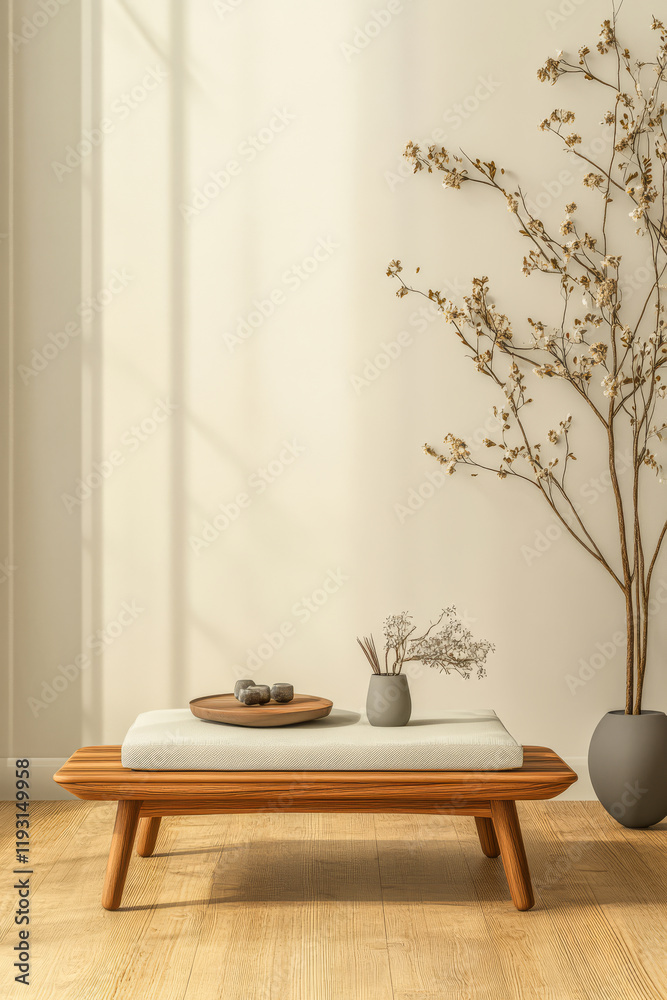 Fototapeta premium Simple wooden table adorned with floral decor in a bright indoor space