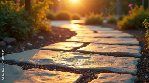 A scenic stone pathway illuminated by warm, golden sunlight, winding through a serene garden setting with natural landscaping.