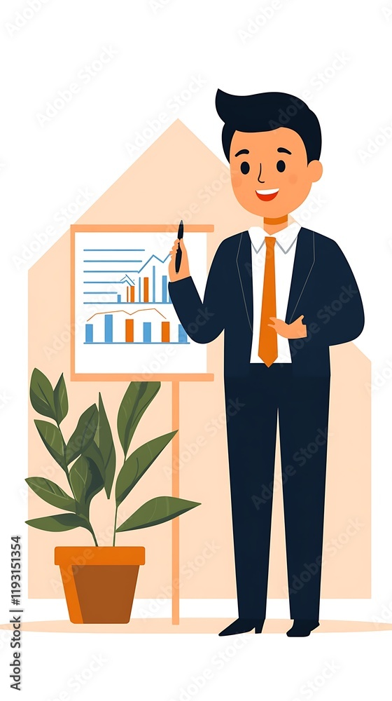 Illustration flat art pastel cartoon of business, Business Presentation with Graphs and Plant Illustration Illustration flat art pastel cartoon of business, Business Presentation with Graphs and Plant Illustration