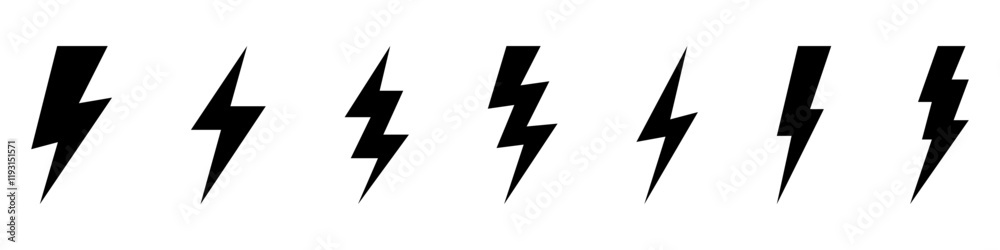 Vector electric lightning bolt logo set isolated on white background for electric power symbol, poster, t shirt. Thunder icon. Storm pictogram. Vector electric lightning bolt logo set isolated on white background for electric power symbol, poster, t shirt. Thunder icon. Storm pictogram.