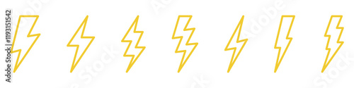 Vector electric lightning bolt logo set isolated on white background for electric power symbol, poster, t shirt. Thunder icon. Storm pictogram.