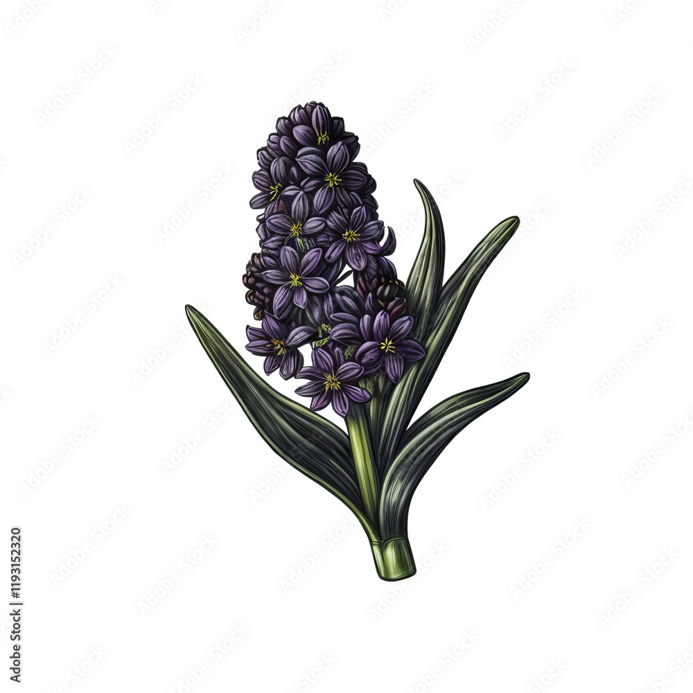Obraz premium Ethereal Hyacinth: A detailed, botanical illustration of a vibrant hyacinth, showcasing its densely packed, fragrant florets and verdant foliage.
