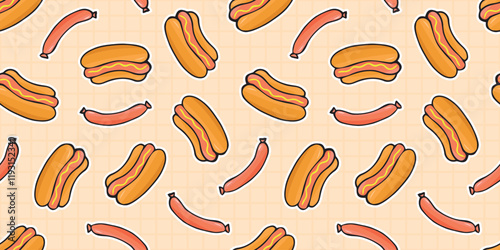 sausage. Hotdog. fast food. delicious fast food. street food with sausage. vector. A beautiful pattern on the theme of food. Seamless pattern. meal. food packaging. bun.