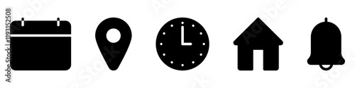 Address time date icons set. Address location icon. Stopwatch timer icon. Date Calendar icon.
