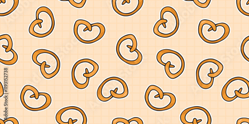 Seamless pretzel pattern. Pretzels. Delicious snack pattern. Pattern for snack packaging. Delicious pattern. Drawing of goodies.  