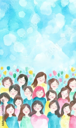 Crowd of smiling women under a bright sky with colorful accents