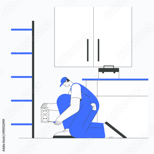 Man fixing an electrical socket in flat vector illustration symbolizing electrical work, maintenance, and home repairs, isolated on white background.