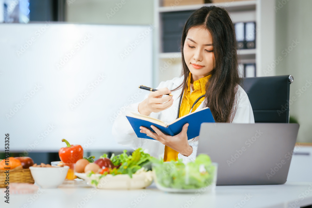 Two nutritionists,female and male, work in a hospital, analyzing vegetable and fruit salads, offering online advice, helping patients embrace clean eating habits and weight control for better health Two nutritionists,female and male, work in a hospital, analyzing vegetable and fruit salads, offering online advice, helping patients embrace clean eating habits and weight control for better health