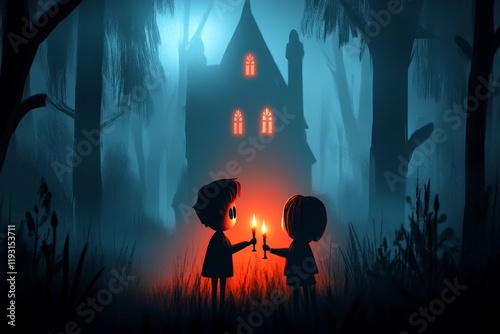 A gothic-inspired illustration of volunteers lighting candles in an old, shadowy cathedral to bring warmth and hope to the community photo