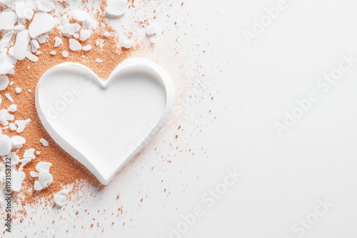 A romantic beach scene with a large heart drawn in the sand, waves gently approaching the edges