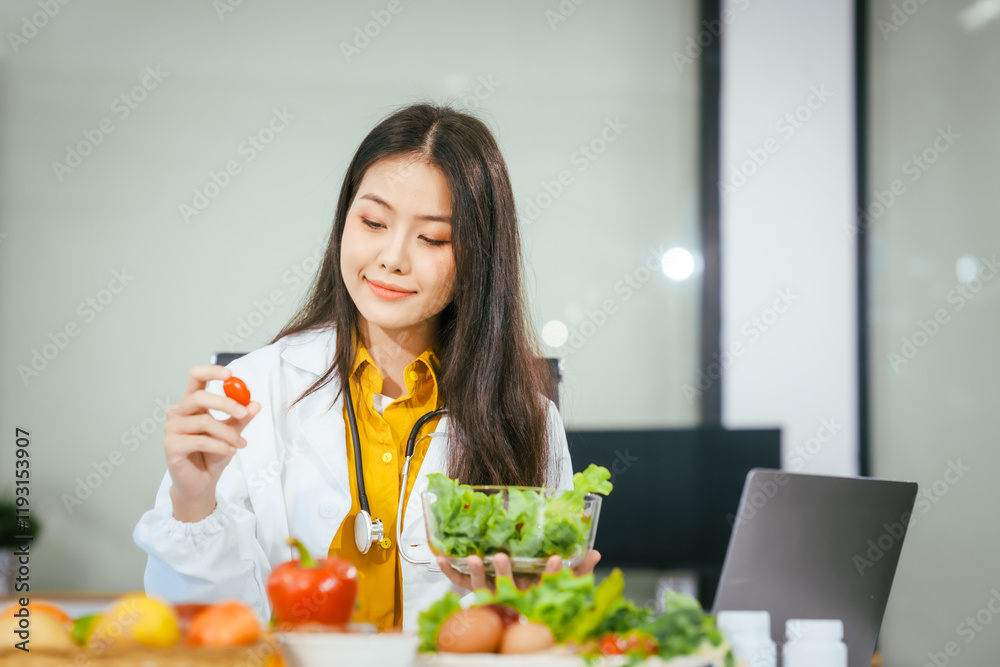 Two nutritionists,female and male, work in a hospital, analyzing vegetable and fruit salads, offering online advice, helping patients embrace clean eating habits and weight control for better health Two nutritionists,female and male, work in a hospital, analyzing vegetable and fruit salads, offering online advice, helping patients embrace clean eating habits and weight control for better health