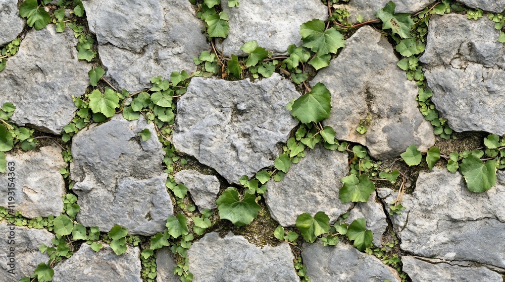 Green ivy growing between grey stone pavement.