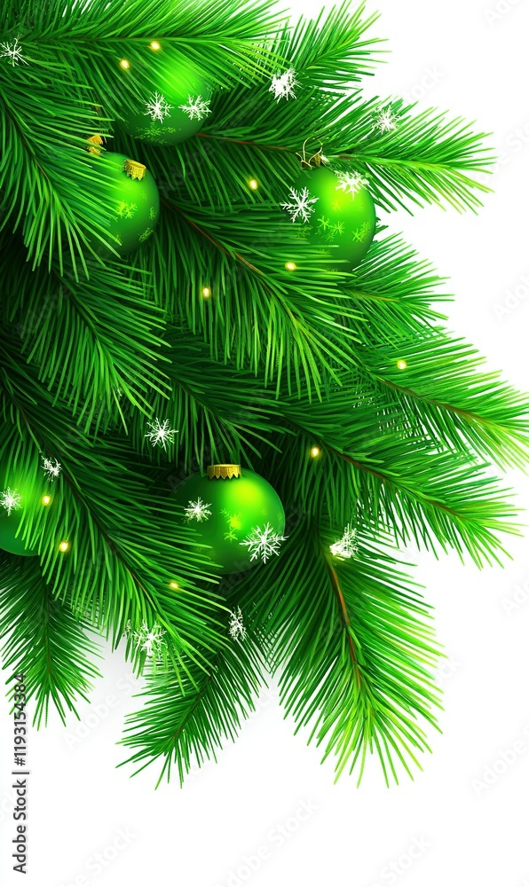 Fototapeta premium Green fir tree branch with ornaments, lights, snow, holiday greeting card
