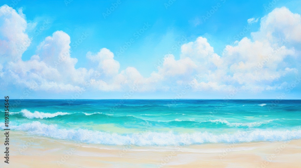 A serene beach scene featuring gentle waves lapping at the shore under a clear blue sky dotted with fluffy white clouds. A serene beach scene featuring gentle waves lapping at the shore under a clear blue sky dotted with fluffy white clouds.
