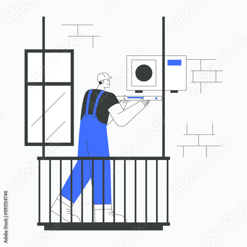 Technician installing air conditioning unit in flat vector illustration symbolizing home maintenance, repair service, and professional work, isolated on white background.