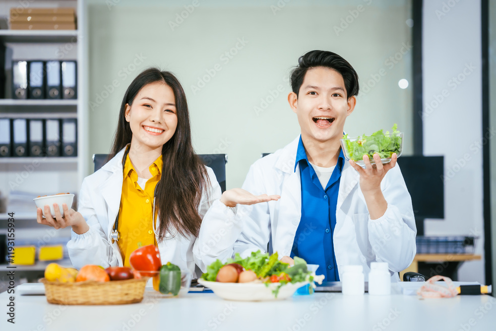 Two nutritionists,female and male, work in a hospital, analyzing vegetable and fruit salads, offering online advice, helping patients embrace clean eating habits and weight control for better health