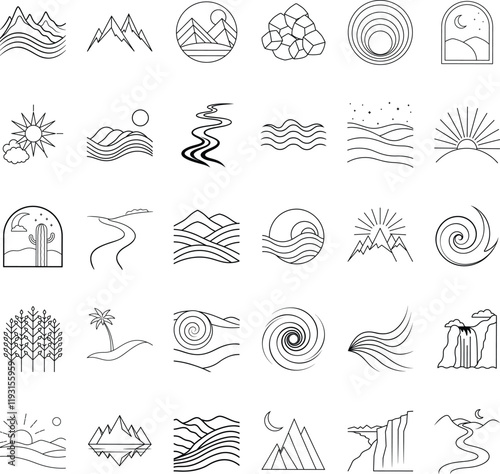 Minimalist Line Art Nature Icons Mountains, Waves, Sun, Desert