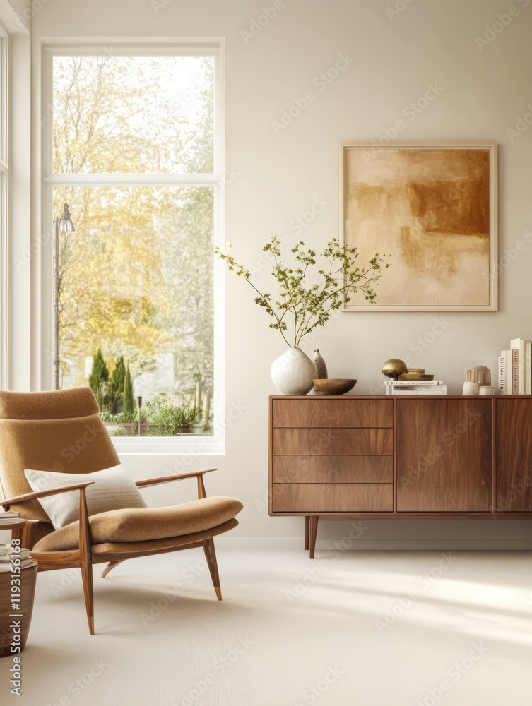 Fototapeta premium Cozy modern living room with natural light and minimalist decor in an inviting atmosphere