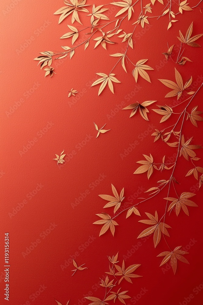 Elegant Minimalist Abstract Design with Golden Leaves on Vibrant Red Background for Celebrating Chinese New Year and Symbolizing Renewal and Prosperity Elegant Minimalist Abstract Design with Golden Leaves on Vibrant Red Background for Celebrating Chinese New Year and Symbolizing Renewal and Prosperity