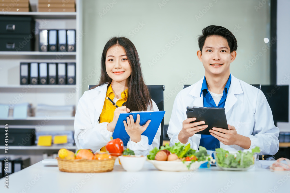 Two nutritionists,female and male, work in a hospital, analyzing vegetable and fruit salads, offering online advice, helping patients embrace clean eating habits and weight control for better health Two nutritionists,female and male, work in a hospital, analyzing vegetable and fruit salads, offering online advice, helping patients embrace clean eating habits and weight control for better health