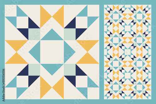 Geometric Star Pattern, Bold and Colorful Quilt Design with Repeating Motif, seamless vector pattern, abstract geometric background. Traditional barn star-shaped patchwork quilt block