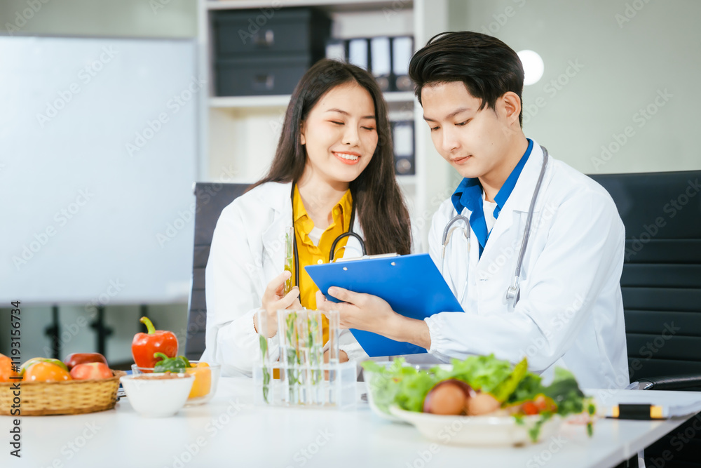 Two nutritionists,female and male, work in a hospital, analyzing vegetable and fruit salads, offering online advice, helping patients embrace clean eating habits and weight control for better health Two nutritionists,female and male, work in a hospital, analyzing vegetable and fruit salads, offering online advice, helping patients embrace clean eating habits and weight control for better health