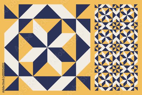 Geometric Star Pattern, Bold and Colorful Quilt Design with Repeating Motif, seamless vector pattern, abstract geometric background. Traditional barn star-shaped patchwork quilt block