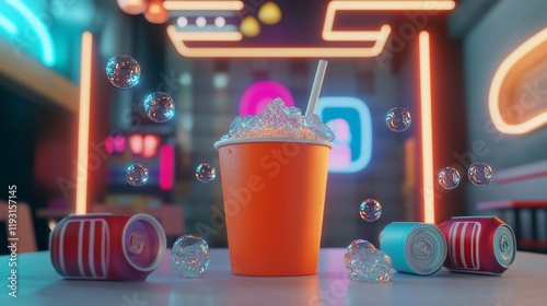 Icy drink in orange cup with soda cans on table in neon-lit futuristic bar. photo