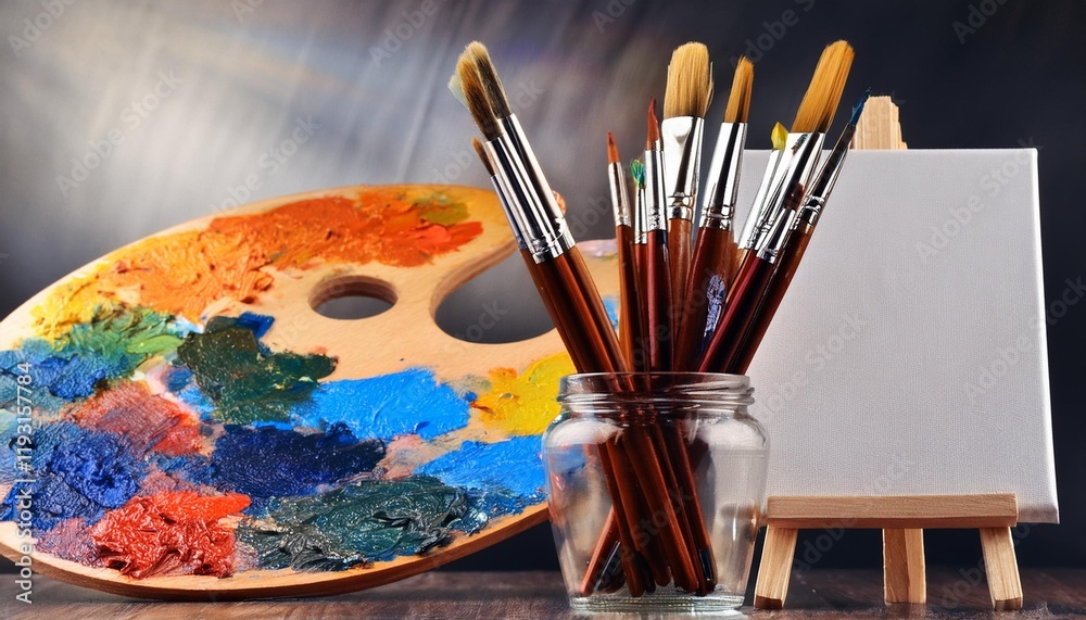 Fototapeta premium palette with brushes and paints