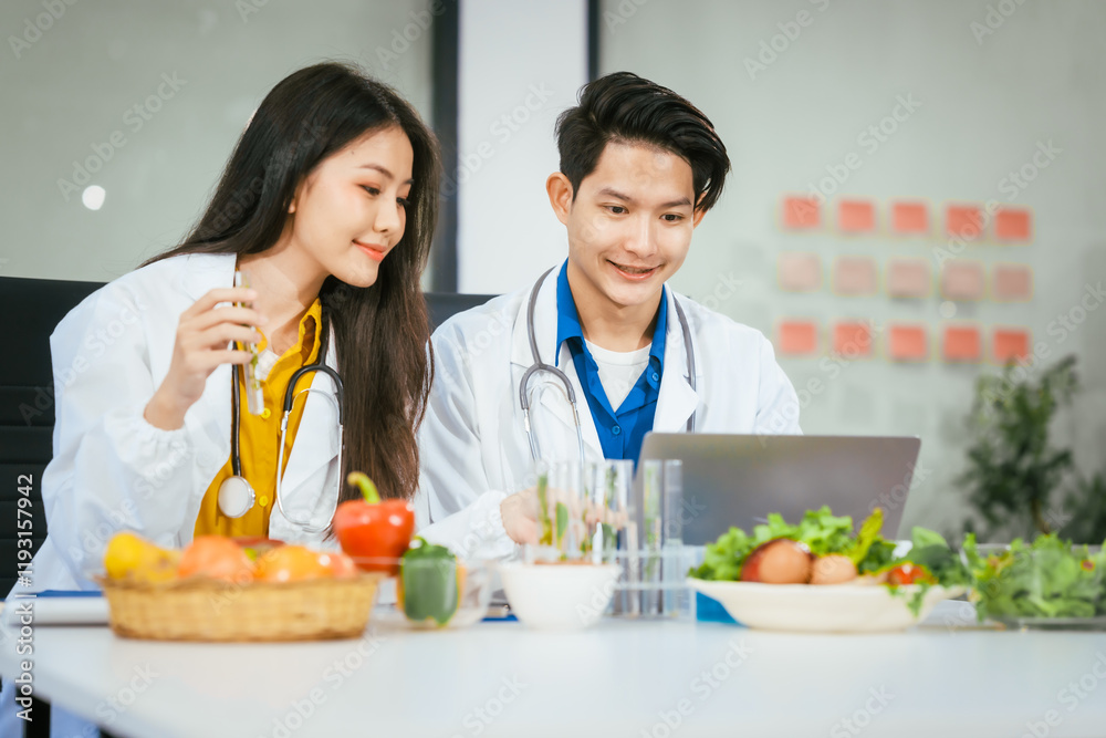 Two nutritionists,female and male, work in a hospital, analyzing vegetable and fruit salads, offering online advice, helping patients embrace clean eating habits and weight control for better health Two nutritionists,female and male, work in a hospital, analyzing vegetable and fruit salads, offering online advice, helping patients embrace clean eating habits and weight control for better health