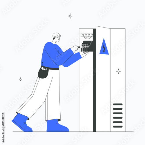 Electrician working with fuse box in flat vector illustration symbolizing electrical work, safety, and maintenance, isolated on white background.