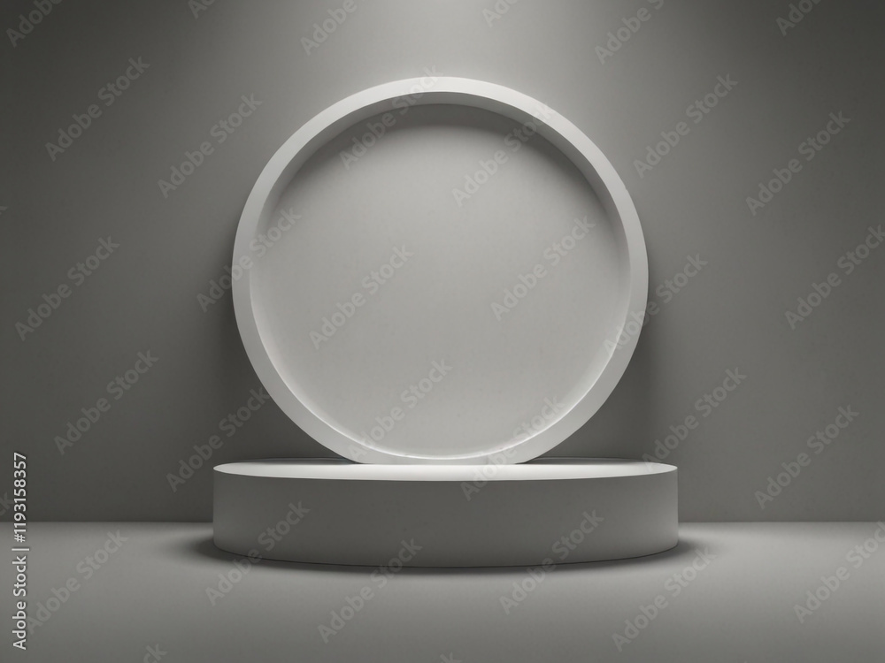 3D rendering round shape pedestal on simple background and white studio template with spotlight product shelf. Blank studio podium for advertising 3D rendering round shape pedestal on simple background and white studio template with spotlight product shelf. Blank studio podium for advertising
