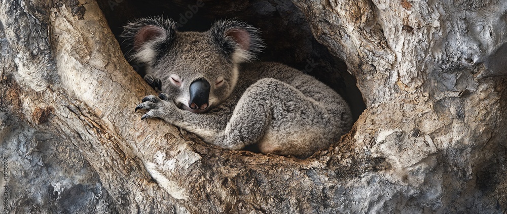 A koala bear sleeping soundly in a tree hollow. A koala bear sleeping soundly in a tree hollow.
