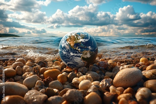 Stunning View of Earth Sitting on a Rocky Shore with Ocean Waves Under a Bright Sky Symbolizing Global Warming and Climate Change Challenges photo