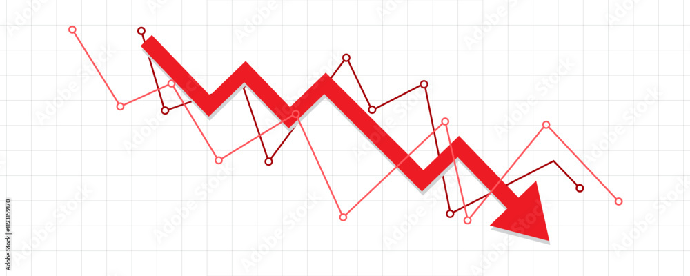 red down, bear market fall arrow with two support market lines falling down in the business market, profit in grey transparent chart lines background template red down, bear market fall arrow with two support market lines falling down in the business market, profit in grey transparent chart lines background template
