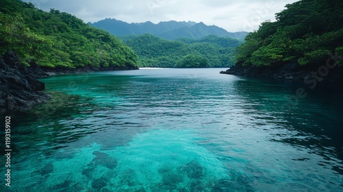 Hidden tropical cove with still turquoise water and overhanging trees Tropical Stock Photo with side copy space