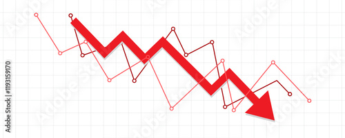 red down, bear market fall arrow with two support market lines falling down in the business market, profit in grey transparent chart lines background template