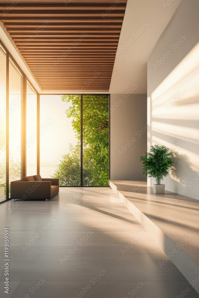 Fototapeta premium Modern interior design featuring large windows and natural light in a serene setting