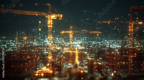 Wallpaper Mural Night cityscape with construction cranes and digital network overlay. Torontodigital.ca