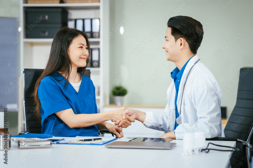 Male and female doctors meet at the hospital table, shake hands,discuss treatment plans.They talk about diagnosing treating patients,ensuring effective care collaboration for better patient outcomes Male and female doctors meet at the hospital table, shake hands,discuss treatment plans.They talk about diagnosing treating patients,ensuring effective care collaboration for better patient outcomes