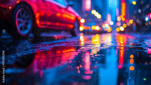 Rainy night city street reflection in puddle. photo