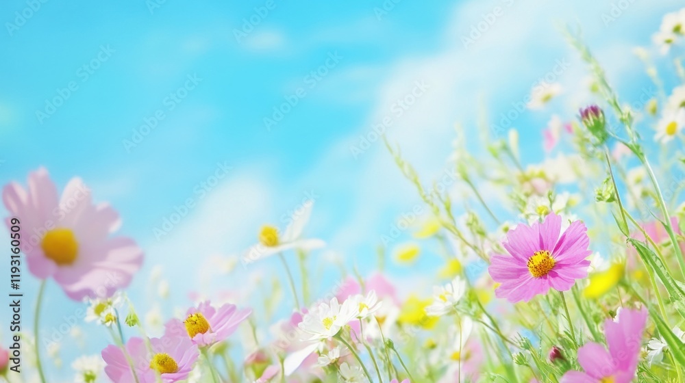Fototapeta premium Bright field of pink and white flowers under a clear blue sky, evoking a serene, cheerful atmosphere.