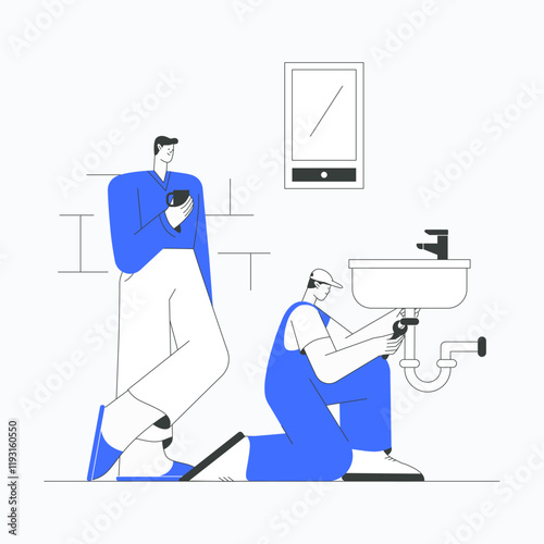 Plumber fixing sink pipe while male homeowner watches in flat vector illustration symbolizing home repair, plumbing services, and maintenance, isolated on white background.